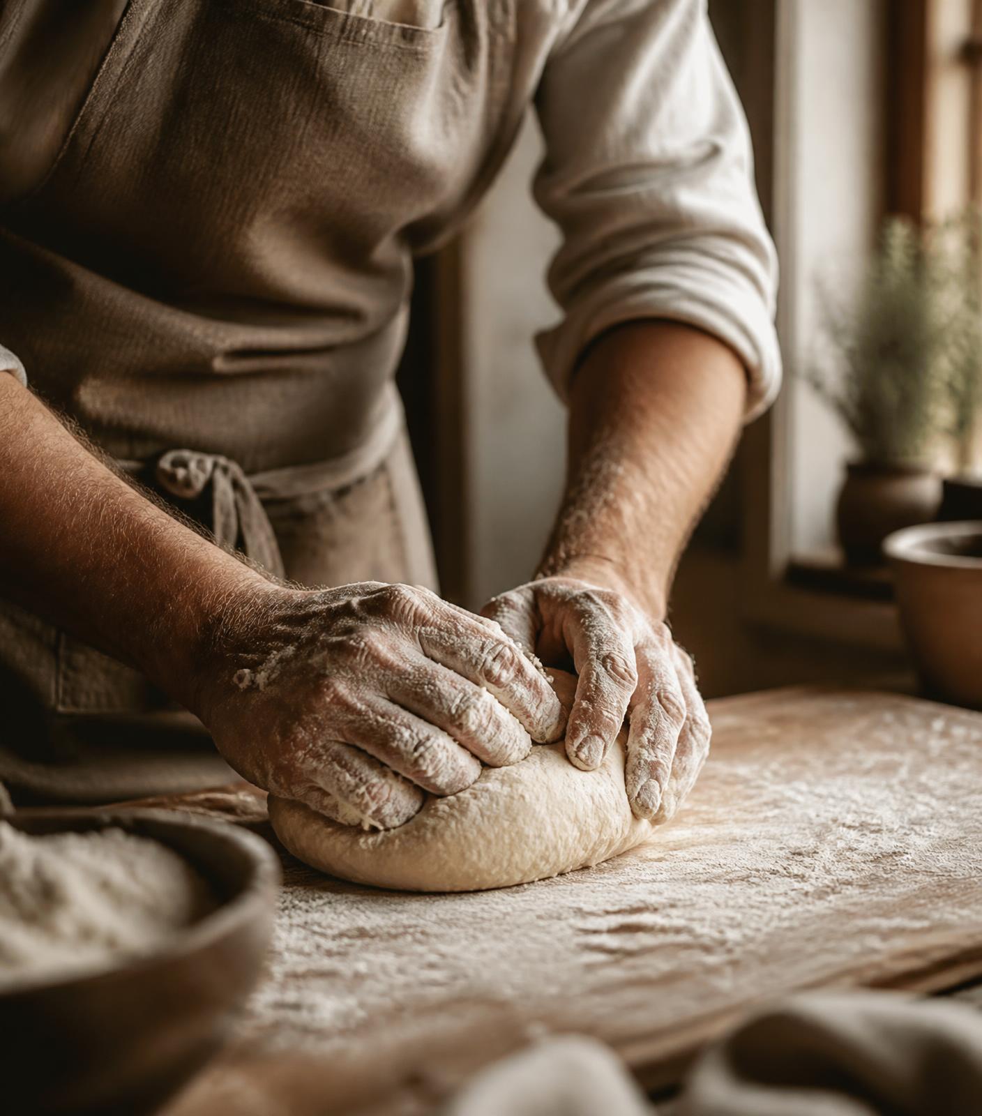 A baker's flour-dusted hands shaping dough on a wooden counter