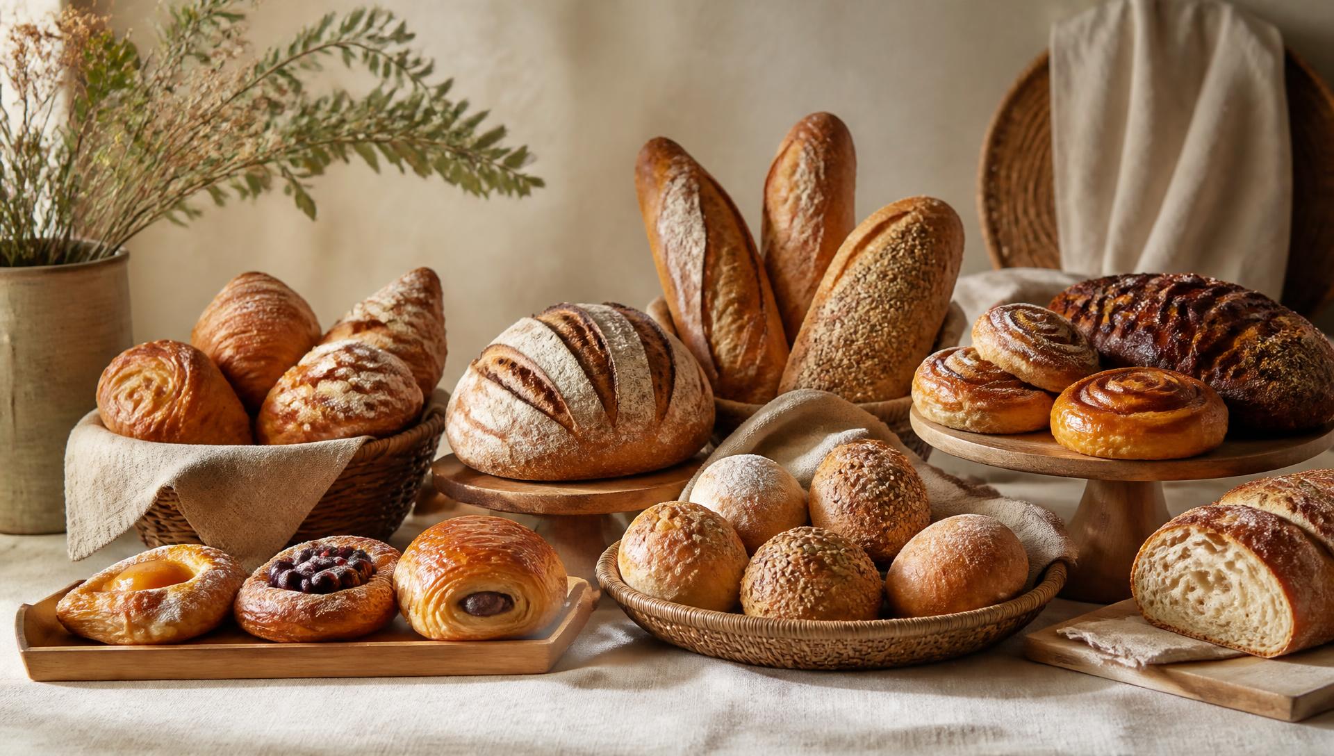 A table of fresh bread and pastries